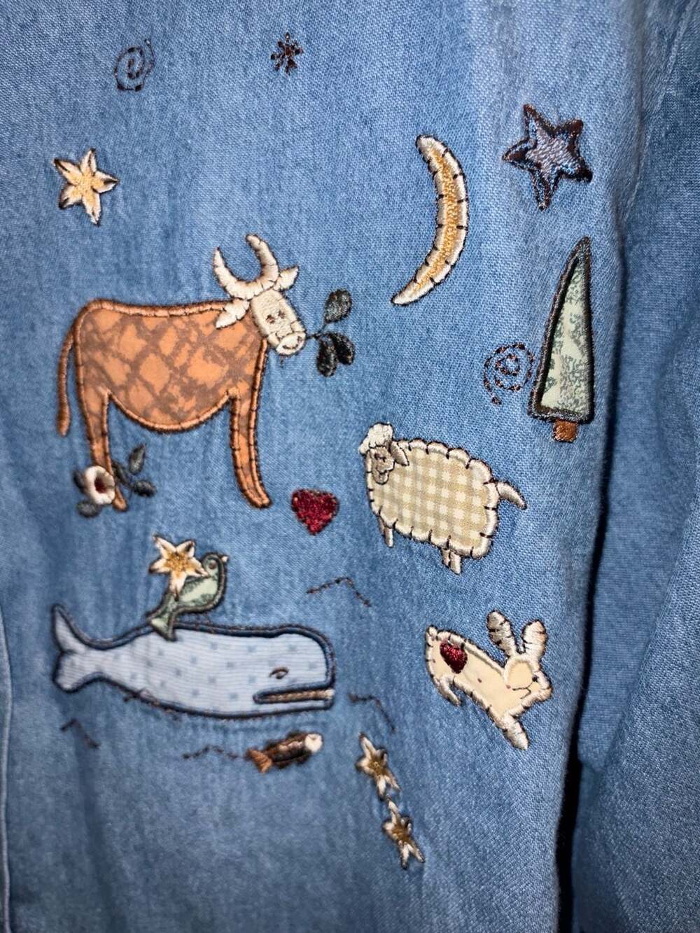 Christopher & Banks Women's Long Sleeve Denim Shirt with Noah's Ark Embroidery - Picture 3 of 5